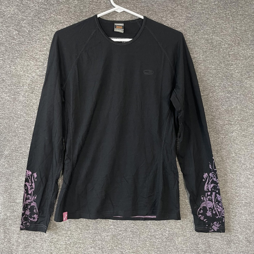 Icebreaker Bodyfit 200 Shirt Womens XL‎ Black Merino Wool Long Sleeve Floral